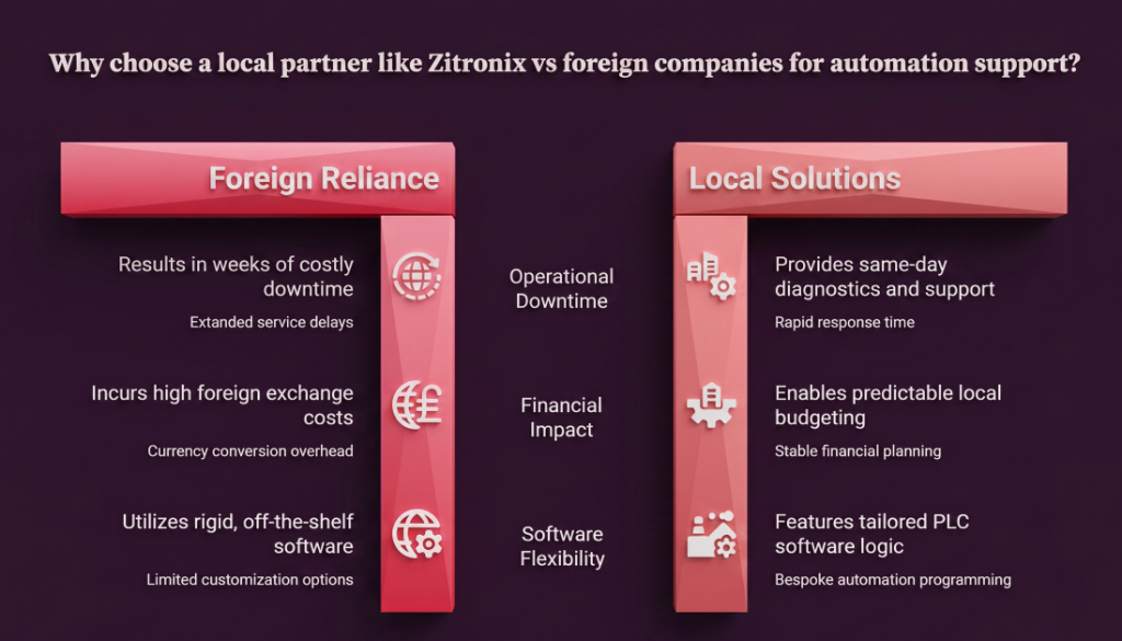Benefits of Local Automation Support |
| Foreign Reliance | Local Solutions (Zitronix) |
+------------------------------------+----------------------------------+
| Weeks of costly downtime | Same-day diagnostics & support |
| High foreign exchange costs | Predictable local budgeting |
| Rigid, off-the-shelf software | Tailored PLC software logic |